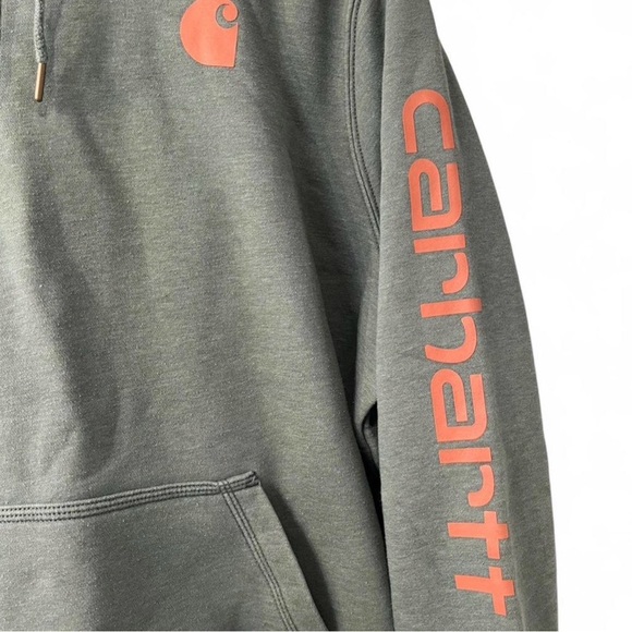 Carhartt Olive Green Pullover Hoodie with Orange Logo and Sleeve Script - Picture 3 of 5